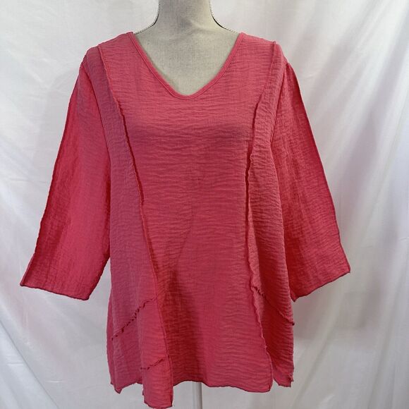 Lulu B Top Womens XL V Neck Top Tunic Lagenlook Crinkle Coral - Picture 1 of 6
